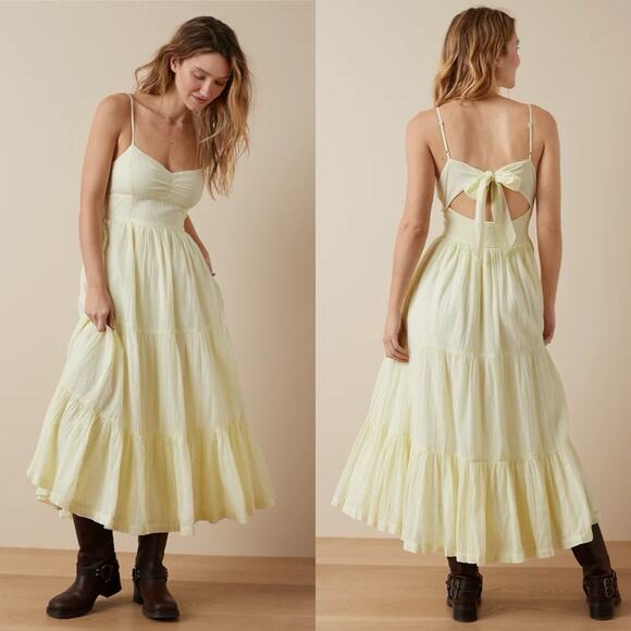American Eagle Outfitters Dresses & Skirts - American Eagle Tiered maxi Dress tie back yellow Sz L Boho chic Milkmaid Prairie